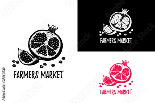 pomegranate split open, fruits shop, farmers market logo, supermarket, super store, fresh fruits, piece of pomegranate, fresh juice, smoothies, juice bar, food blog, logo, vector, silhouette