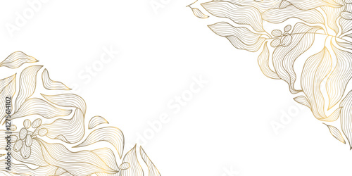 Vector coffee and beans line pattern, gold leaves plant texture. Luxury corner frame organic graphic, tree illustration