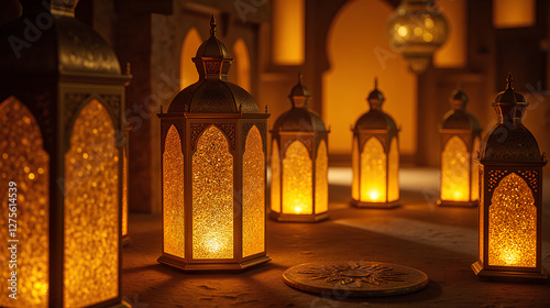 Hanging Golden Lanterns with Islamic Filigree Casting Warm Light for a Festive Ramadan Atmosphere