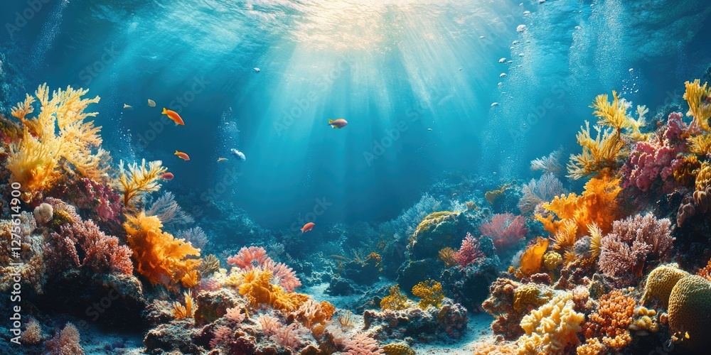 Vibrant underwater coral reef scene with diverse sea life illuminated by sun rays, featuring colorful corals in shades of orange, pink, and yellow. Vibrant underwater coral reef scene with diverse sea life illuminated by sun rays, featuring colorful corals in shades of orange, pink, and yellow.