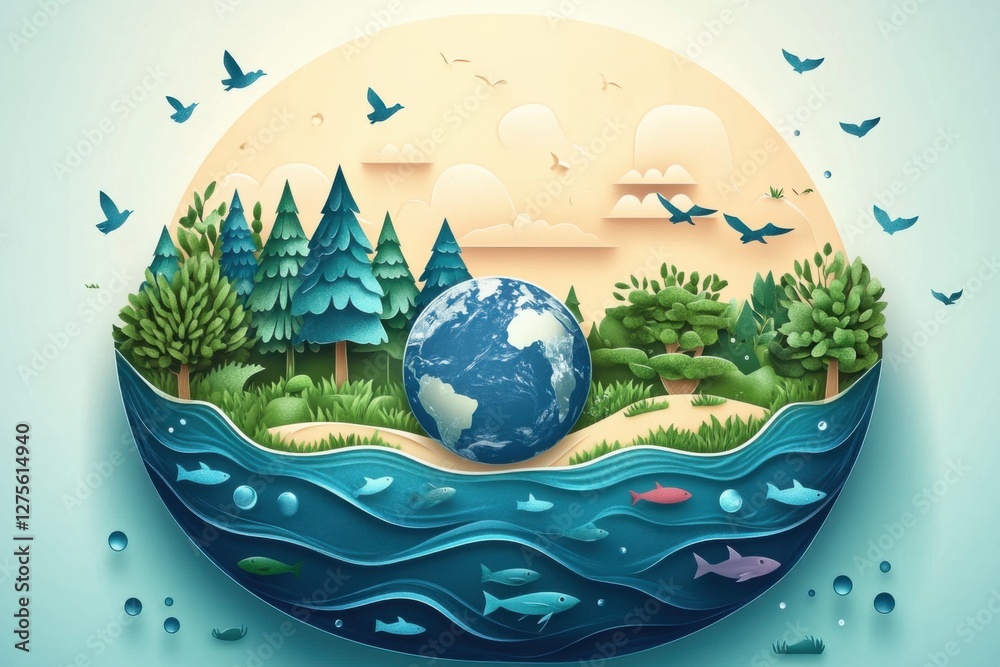 Naklejka premium Earth Ecology System Concept. Perfect for world environment day, world water day , world meteorological day, environmental protection and save water resource. Generate AI, 2D paper art.