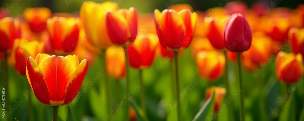 Close-up of red and yellow tulips in a field of green foliage, flora, beautiful, colorful Close-up of red and yellow tulips in a field of green foliage, flora, beautiful, colorful