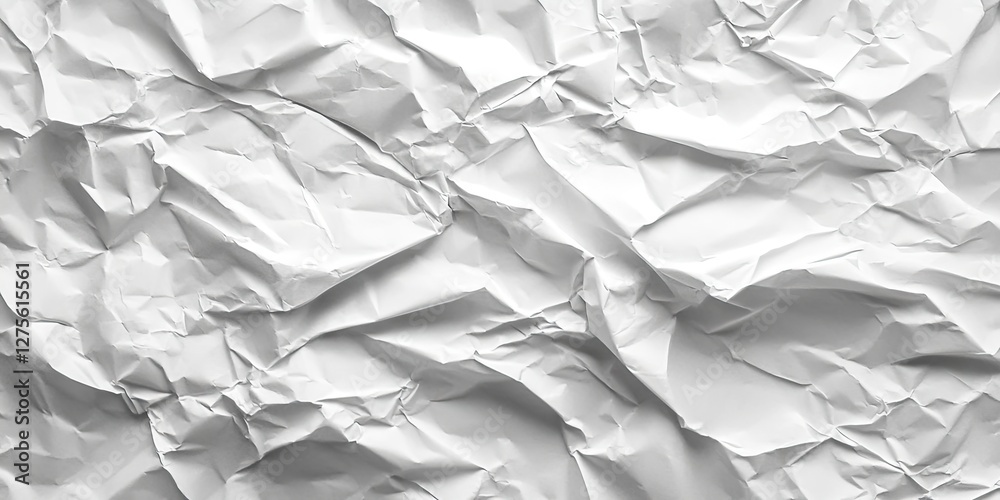 Obraz premium Crumpled white and gray textured paper background with uneven folds and shadows creating depth, ideal for product packaging and design.