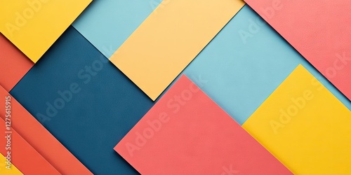 Colorful abstract geometric paper background with flat shapes, featuring blue, yellow, coral, and orange tones arranged in a layered composition.