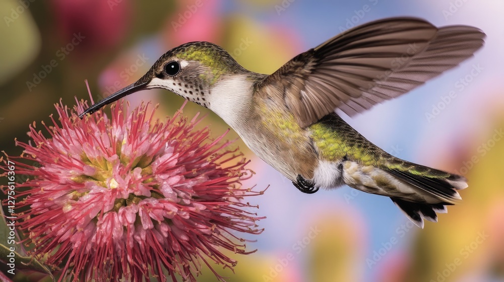 Fototapeta premium Elegant Hummingbird in Flight Near Vibrant Pink Flower Blossom