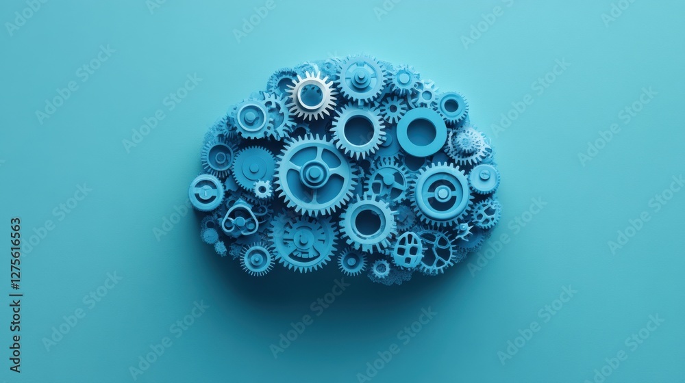 Blue Gears Forming A Brain Shape On Light Blue Background Blue Gears Forming A Brain Shape On Light Blue Background