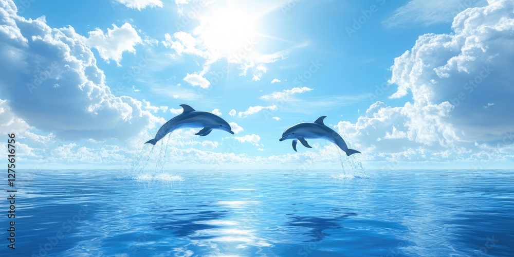 Naklejka premium Couple observing playful dolphins leaping in a serene blue sea under a radiant sun and fluffy white clouds creating a joyful natural scene