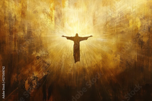 sacred artistic interpretation of christs ascension ethereal light beams renaissanceinspired style with modern digital elements golden color palette