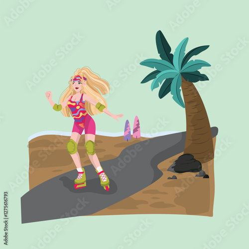 Active girl roller skating on a tropical path.