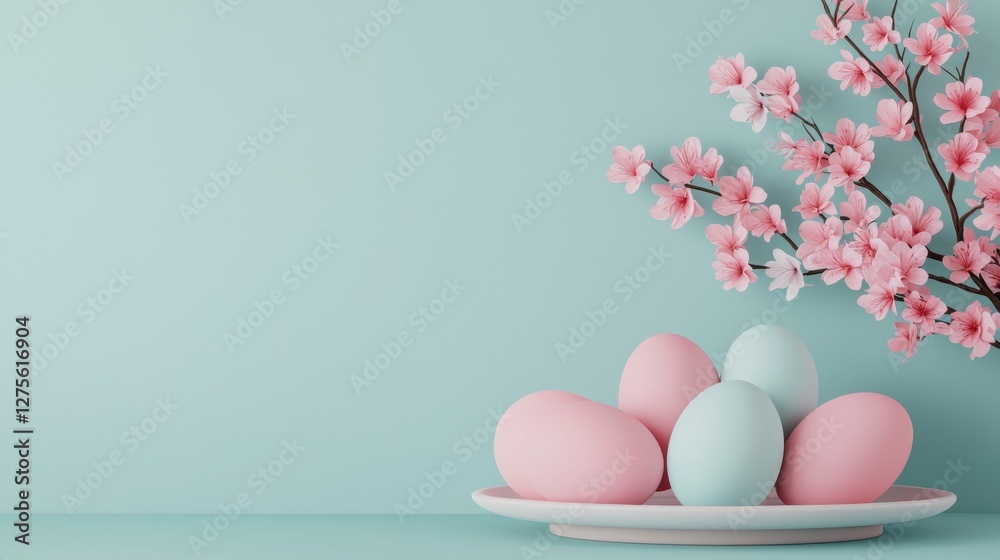 Fototapeta premium Fresh Spring Tablescape with Pastel Eggs and Flowing Cherry Blossom Arrangement