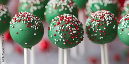 Festive green cake pops decorated with red and white sprinkles arranged on a white surface creating a cheerful holiday atmosphere