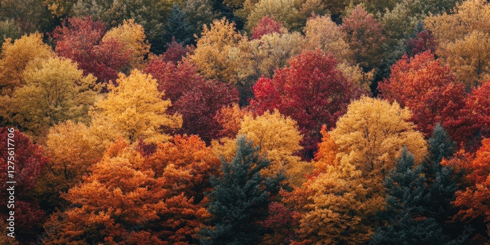 Vibrant autumn trees display a rich palette of red, orange, and yellow foliage against a backdrop of evergreen trees in a dense forest setting. Vibrant autumn trees display a rich palette of red, orange, and yellow foliage against a backdrop of evergreen trees in a dense forest setting.