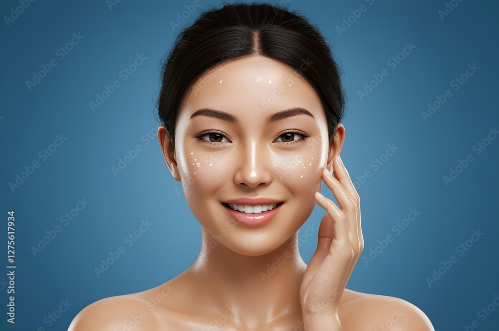 Smiling asian woman with glowing, hydrated skin on blue background in 3d style