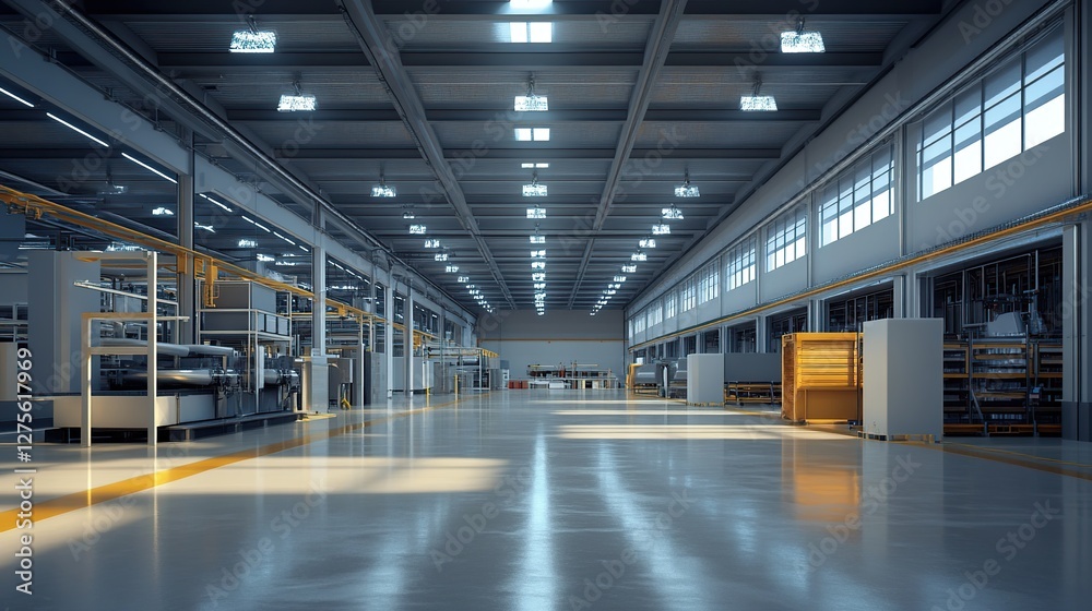 Fototapeta premium Empty industrial factory interior with various modern equipment and bright lights