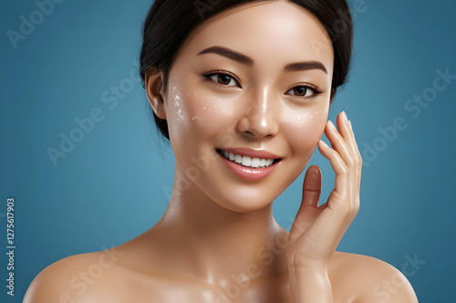 Smiling asian woman with glowing, hydrated skin on blue background in 3d style