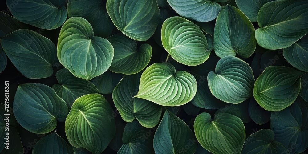 Close-up of vibrant green tropical leaves arranged densely with varied textures and shapes, set against a dark background creating a lush natural ambiance. Close-up of vibrant green tropical leaves arranged densely with varied textures and shapes, set against a dark background creating a lush natural ambiance.