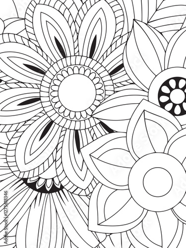 Print Coloring page for the adult coloring book. Doodle floral drawing. Art therapy coloring page. Black and white flower pattern for adult coloring books. Doodle floral drawing. Art therapy