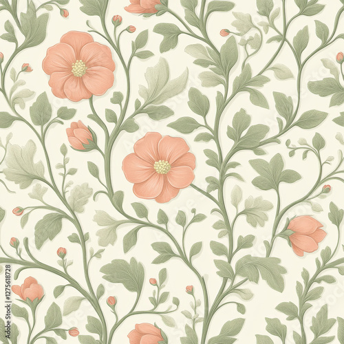 Wallpaper Mural Floral pattern with pink flowers and green leaves cream background Torontodigital.ca