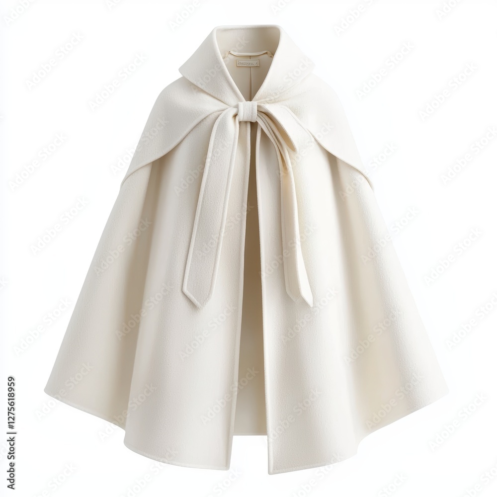 Chic belted wool cape coat in classic ivory white isolated on white