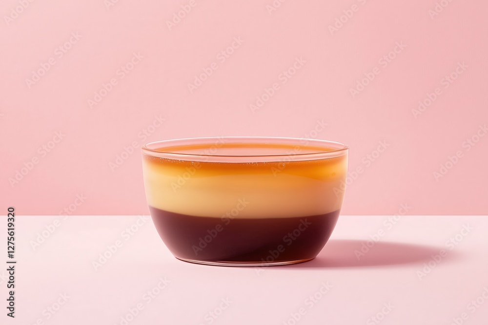 A clear bowl containing a beautifully layered dessert featuring distinct caramel and coffee layers, set against a soft pastel pink background that enhances the colors of the treat