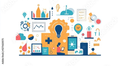 Person Brainstorming Ideas with Charts and Technology Icons