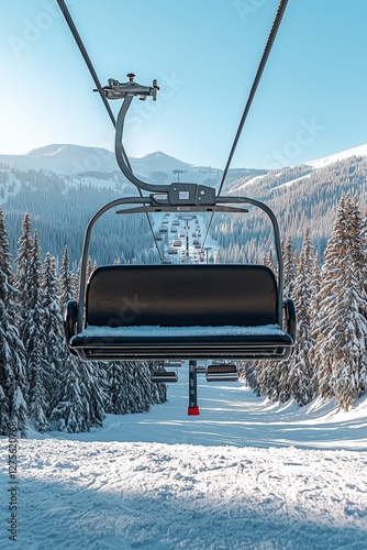 Scenic view of an empty ski lift on a snowy winter day, surrounded by lush evergreen trees and majestic mountains under a clear blue sky