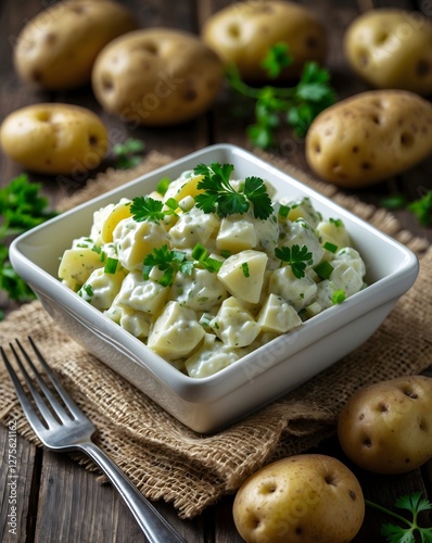 Delicious and fresh potato salad with yoghurt and mayonnaise dressing with chives. Ai Generative.