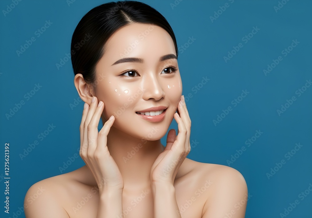 Smiling asian woman with glowing, hydrated skin on blue background