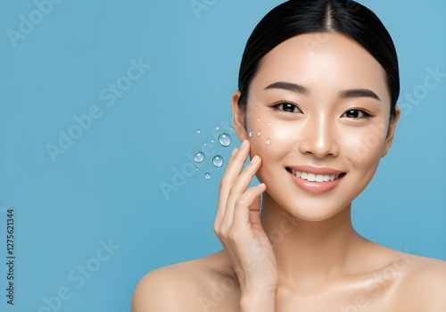 Obraz na płótnie Smiling asian woman with glowing, hydrated skin on blue background w salonie