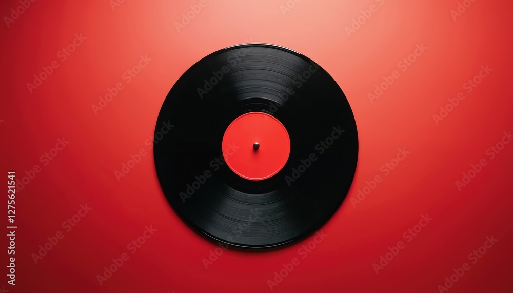 Top view flat lay of black vinyl record. Red label contrasts with grooves. Retro music, sound concept. Minimalist style, vibrant colors and clean design. Top view flat lay of black vinyl record. Red label contrasts with grooves. Retro music, sound concept. Minimalist style, vibrant colors and clean design.