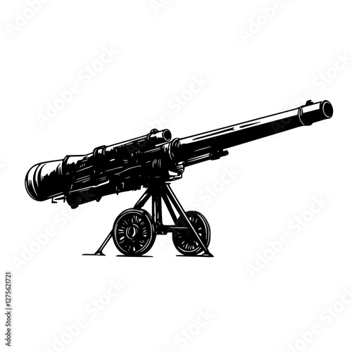Military artillery piece on display at an outdoor exhibition showcasing historical weaponry and military technology