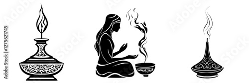 Decorative oil lamps and a woman meditating with incense, showcasing a serene atmosphere during a spiritual practice