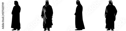 Silhouettes of men in traditional attire against a plain background in a cultural gathering setting