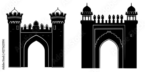 Historic architectural designs of gates showcasing traditional Indian styles and intricate craftsmanship