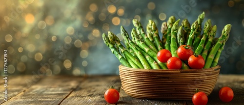 Fresh asparagus and tomatoes in a woven basket. Generative AI