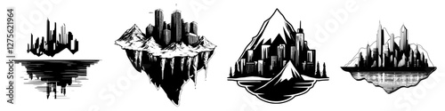 Floating cities above mountains and water create a surreal landscape of urban dreamscapes in black and white