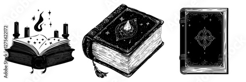 Artistic depiction of three ancient books with magical elements and intricate designs