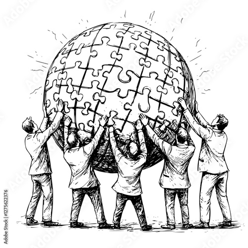 Teamwork in action as individuals collaborate to assemble a large puzzle globe at a business conference