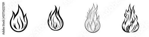 Collection of stylized flame illustrations showcasing different designs and shapes in black and white