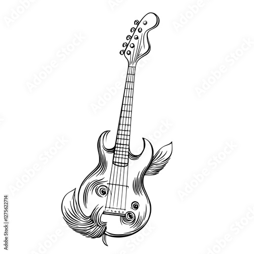 Unique tattoo design featuring an electric guitar entwined with flowing elements of nature