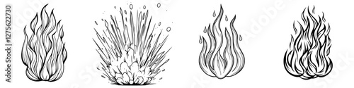 Artistic representation of flames and explosions in a creative design, showcasing different fire styles and effects