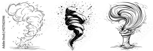Whirlwind illustrations showcasing various tornado forms and effects in a creative style