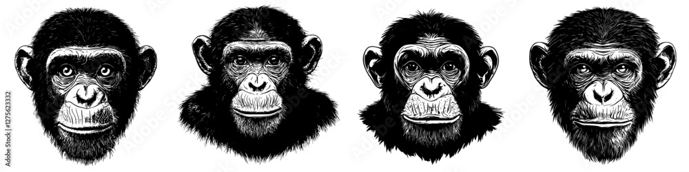 Diverse expressions of chimpanzees showcasing unique facial features and characteristics in a natural habitat Diverse expressions of chimpanzees showcasing unique facial features and characteristics in a natural habitat