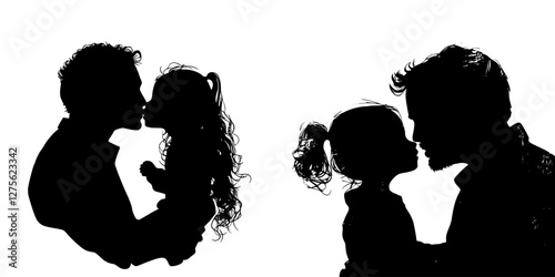 Silhouette of a father kissing his daughter in a tender moment of affection and love captured against a white background