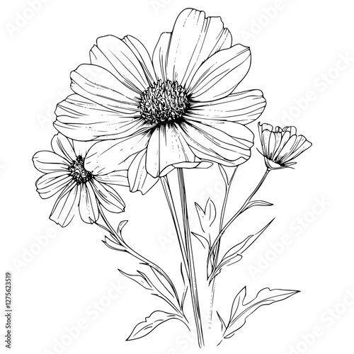 Flower illustration featuring detailed blooming blooms in black and white with delicate leaves and stems outlined clearly