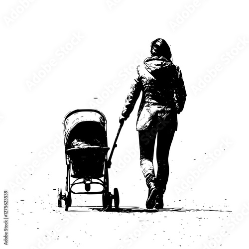 Woman walking with stroller on a sunny day in a park, enjoying nature and quality time with her child