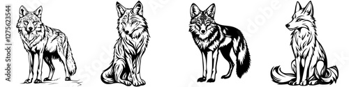 Various illustrations of wolves showcasing unique poses and features gathered in a series of black and white sketches
