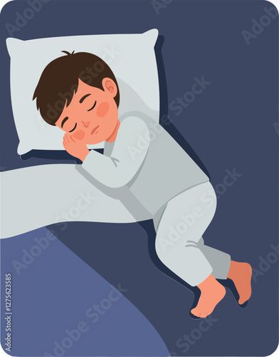 A peaceful young boy sleeping soundly in cozy pajamas on a soft pillow in a calming dark bedroom, illustrated in a minimal vector art style