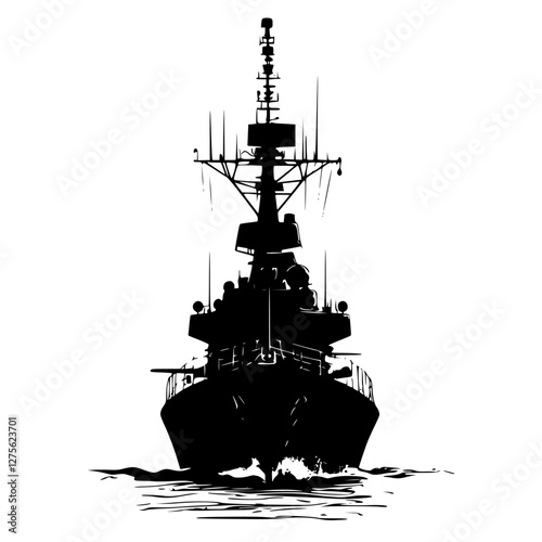 Warship silhouette sailing at dusk, showcasing naval power and technology with waves gently lapping against the hull