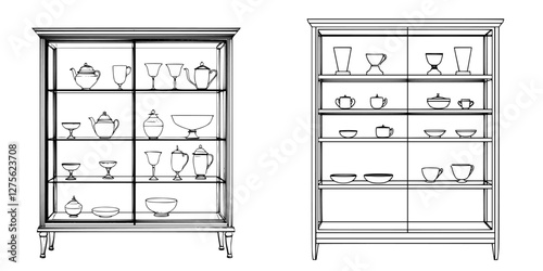 Display cabinets showcasing various glass and ceramic wares in a minimalist style perfect for any interior setting